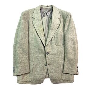 vtg 50s Harilelas 44R Bespoke Gray Herringbone‎ Tweed Blazer Jacket Sport Coat
